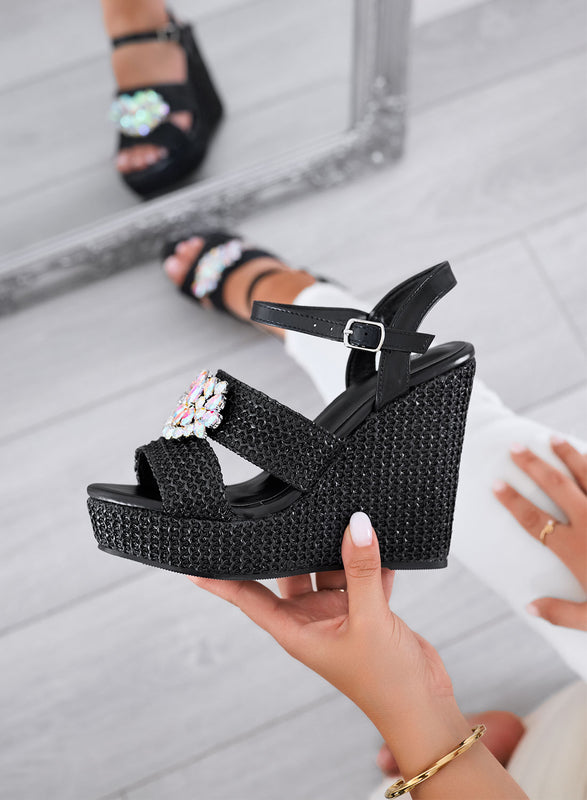 SABRINA - Black wedge sandals with ankle strap and maxi rhinestones