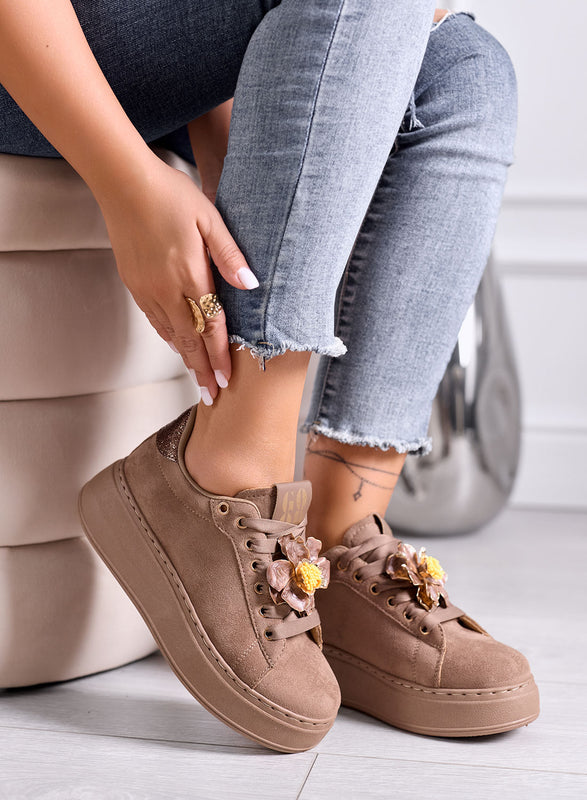 IVON - Sneakers platform marrone con Fiore Decorativo