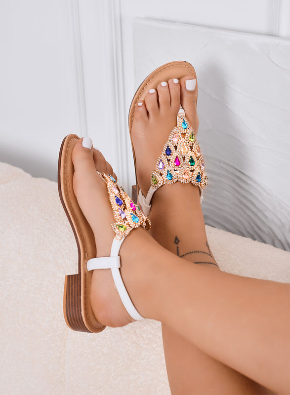 DREAMS - Low white sandals with multicolor stones and T-strap design