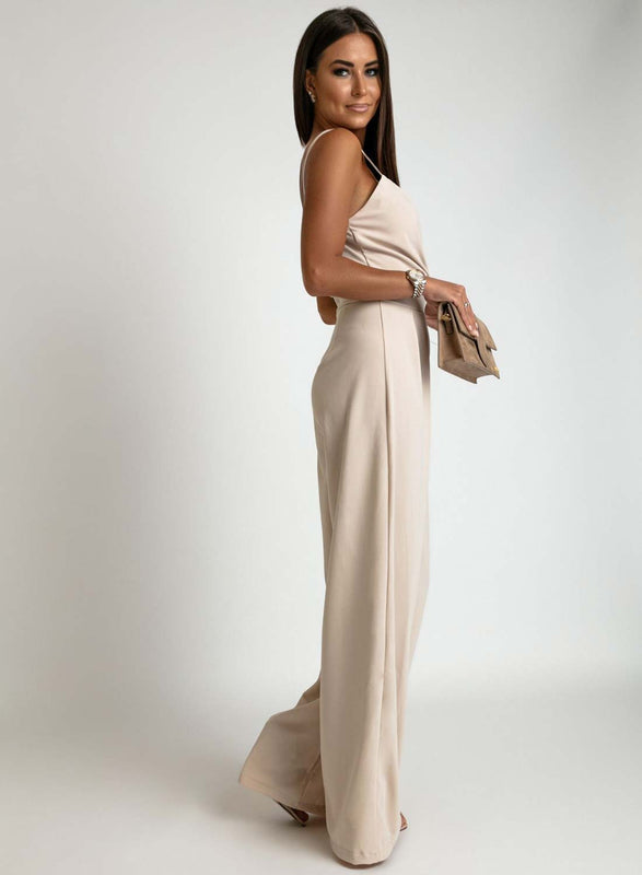 Beige long jumpsuit with suspenders