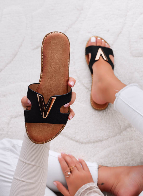 MYER - Mules noires avec ornement V doré