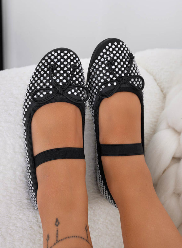 Ballerines noires ornées de bijoux avec nœud
