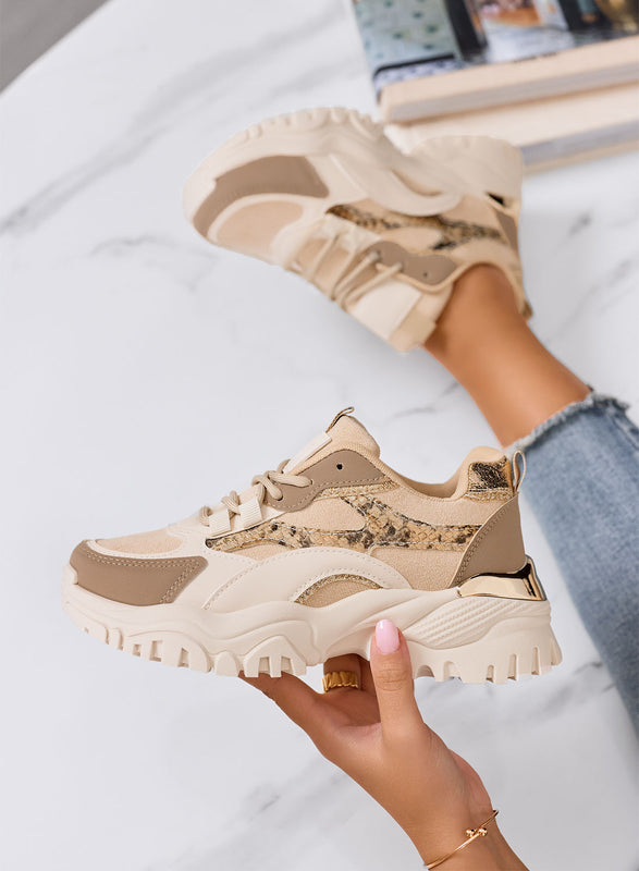 LUCINDA - Baskets chunky beiges avec détails animaliers et semelle épaisse