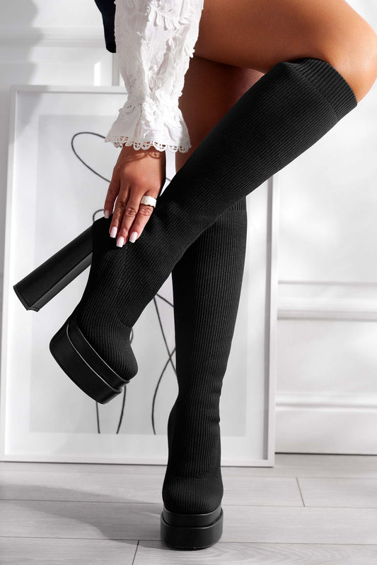 Bottes noires en tissu côtelé élastique