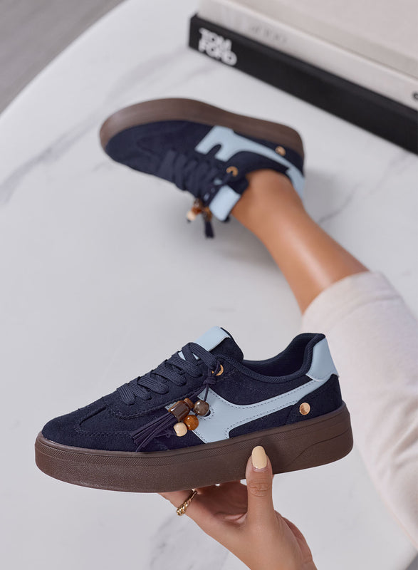 NASTIA - Sneakers Donna blu Scamosciate con Nappine e Perline