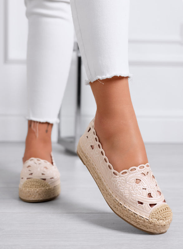 COLLINS - Espadrilles beiges en dentelle avec semelle en jute
