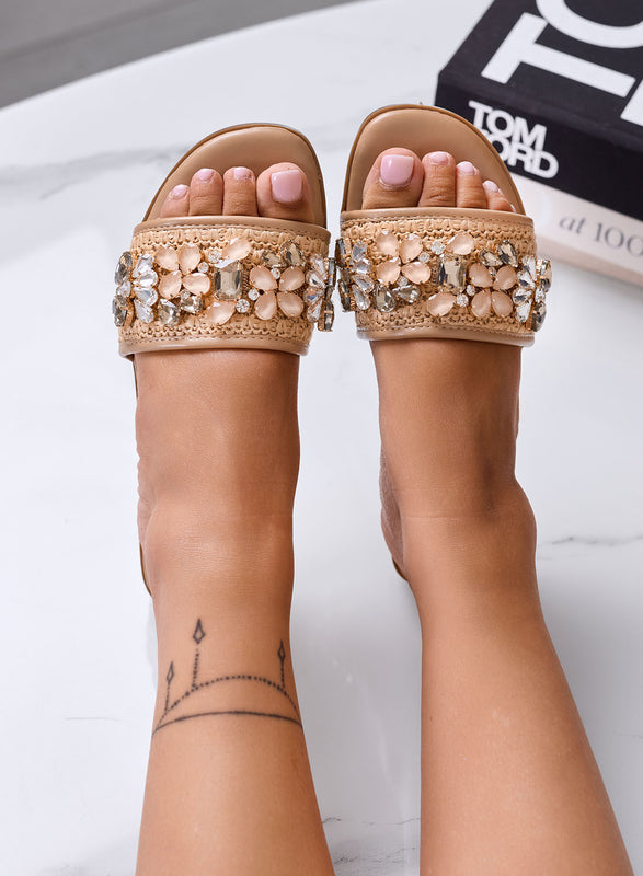 LAVINIA - Sandali Ciabatte beige con Fascia In pizzo e strass