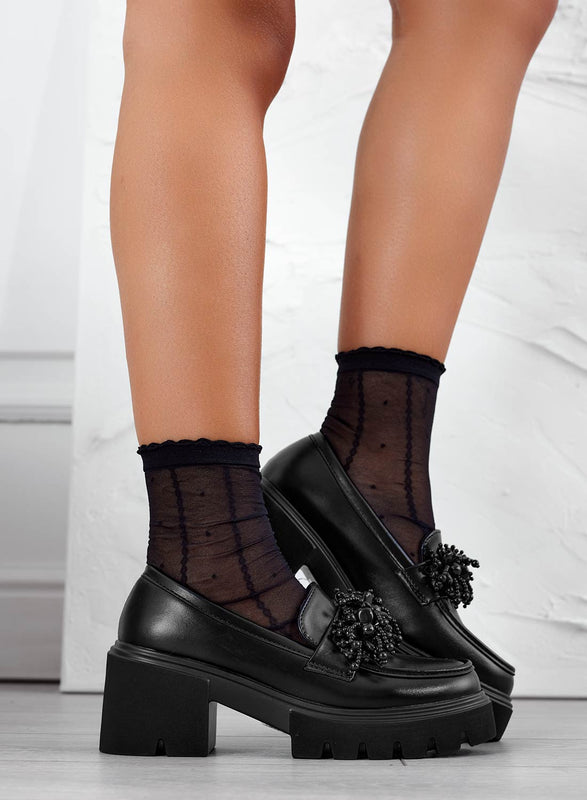 Black Oxford loafers with heel and decoration