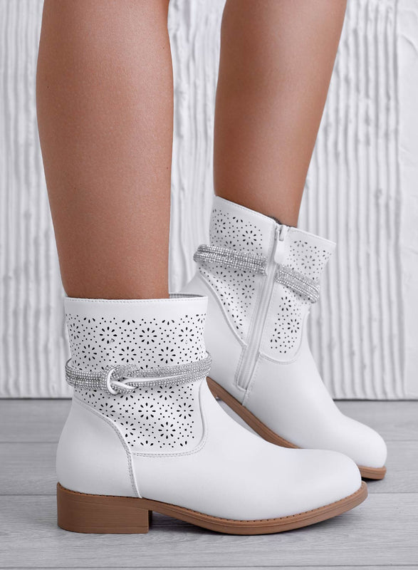 KATE - Bottines perforées blanches avec bande bijou