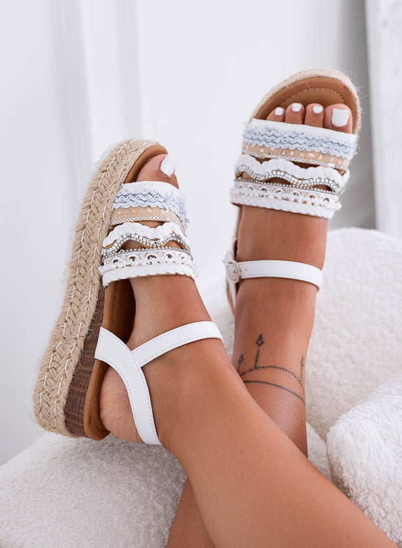 OLIVER - Sandales espadrilles blanches à talon compensé et strass