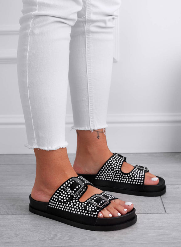 GASPER - Sandales mules noirs avec boucles et strass