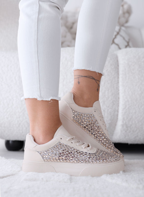 CASSANDRA - Baskets beiges avec strass et détails lumineux