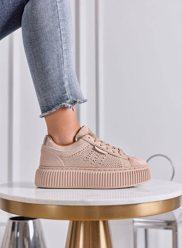 LIBERA - Sneakers Donna beige con Strass e Suola Platform Alta