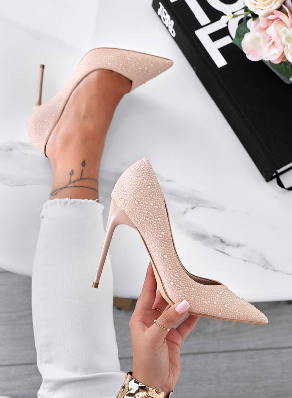 BLANCA - Nude jeweled pumps with high stiletto heel