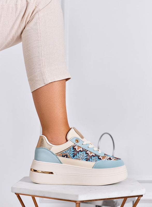 PRAGA - Sneakers azzurre platform con inserti in tessuto a fantasia