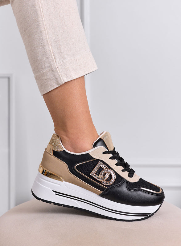 ESTER - Baskets noires à plateforme avec détails dorés et logo bijou