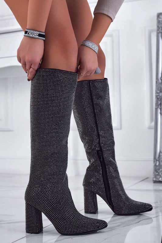 RAYLEE - Bottes bijoux noires avec strass et talon confortable