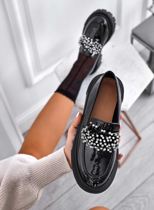 VITTORIA - Mocassins en cuir verni noir avec strass