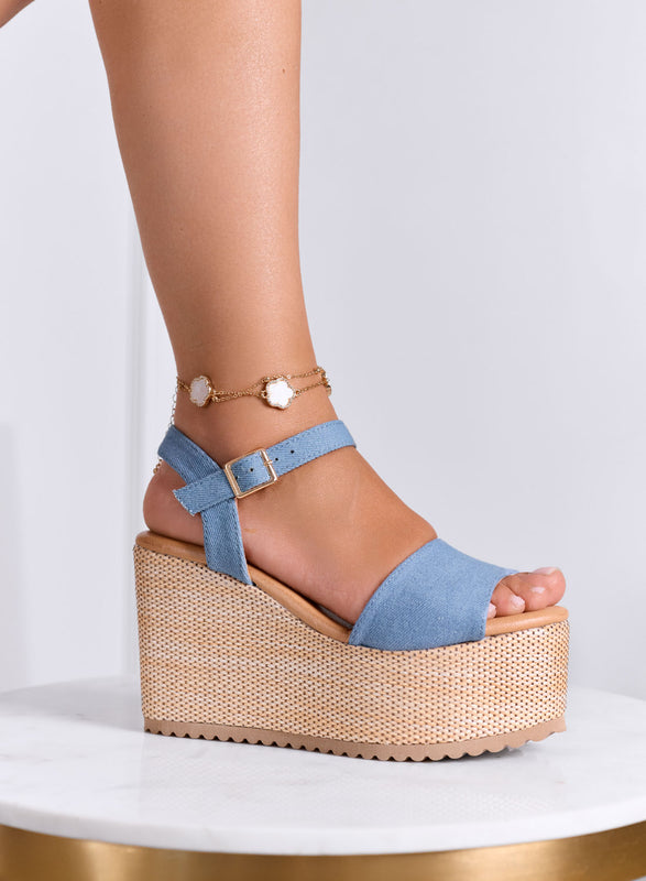 SERENITY - Blue denim wedge sandals with ankle strap
