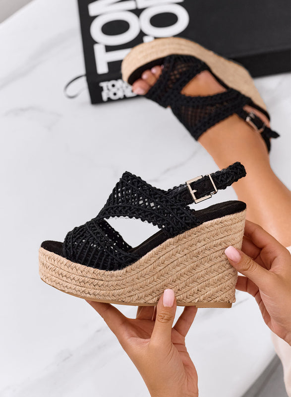 PEARL - Sandali nere con zeppa in corda e intreccio crochet