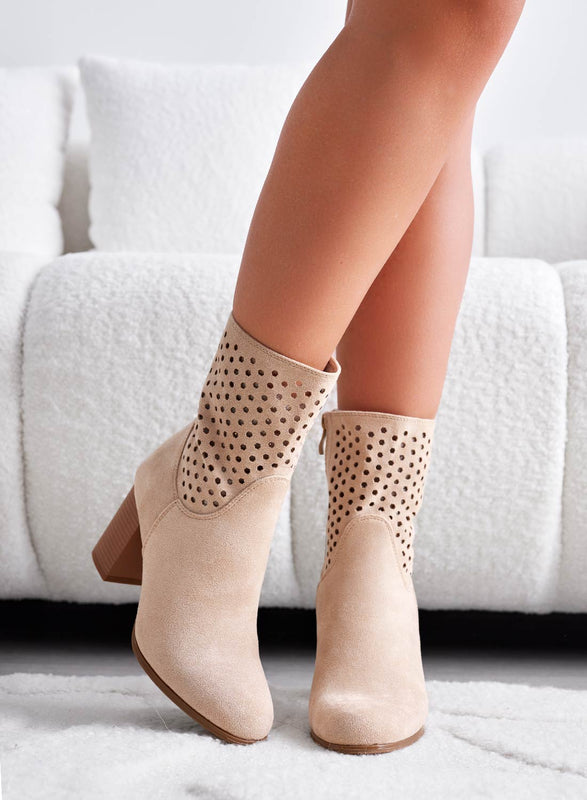 MAYBE - Beige perforated ankle boots with high faux wood heel