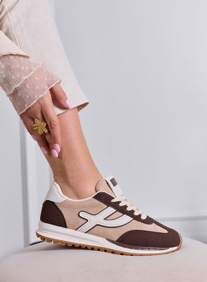 MONICA - Sneakers marroni con inserti e lacci panna