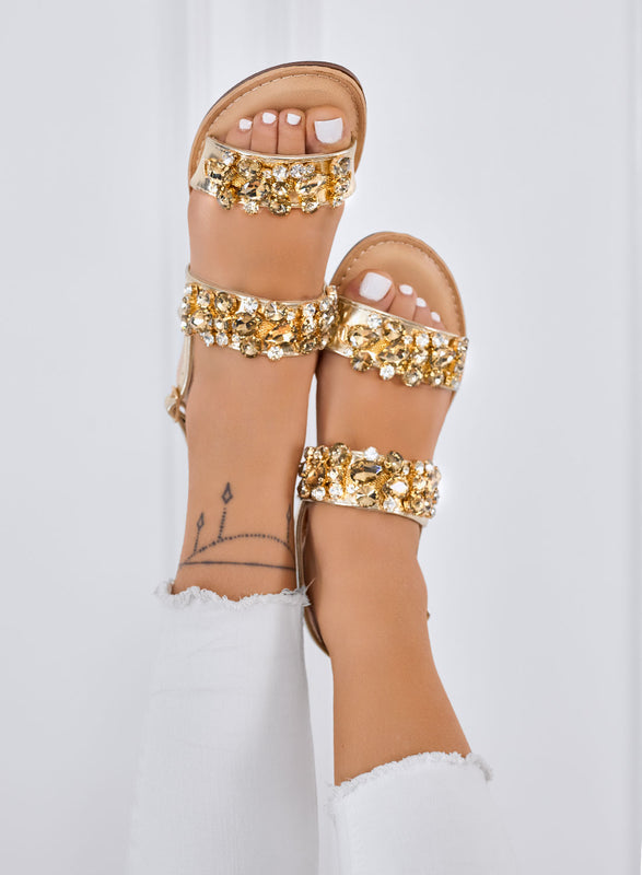 VITTORIA - Sandali oro gioiello con tacco basso e strass