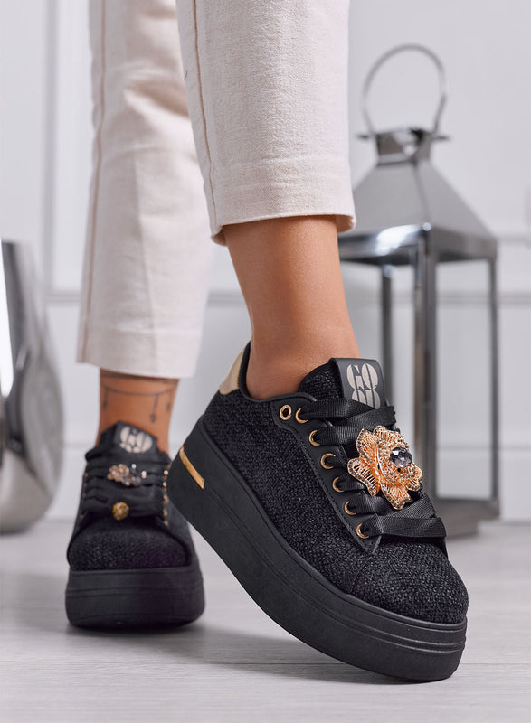 JANIS - Sneakers Donna nere con Fiore Gioiello e Suola Platform