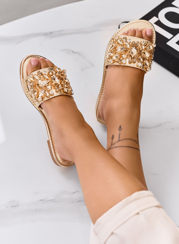 CLELIA - Sandali Ciabatte gioiello oro con pietre e suola bassa