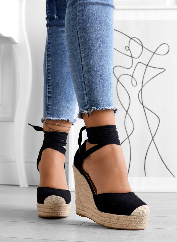 AMBRA - Espadrilles noires avec corde et dentelle compensée