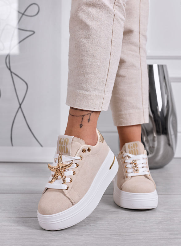 PAMELA - Sneakers beige Platform con Dettagli Gioiello stelle