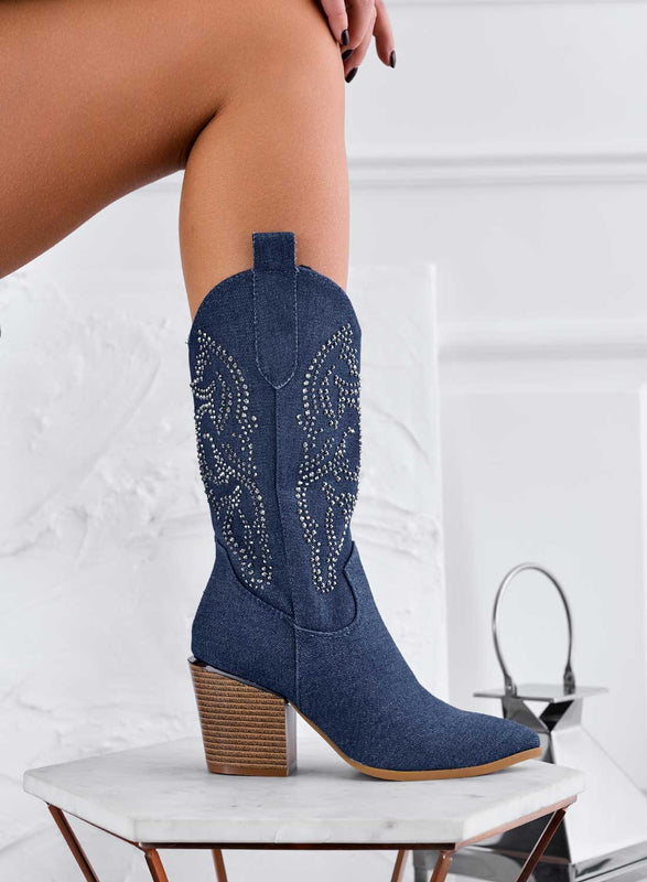 LIBERA - Camper boots en denim bleu avec strass