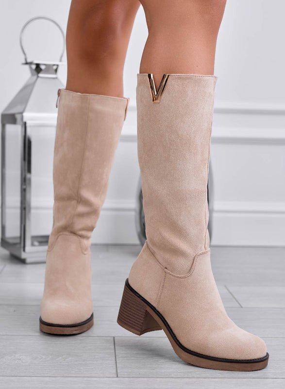 ALICE - Bottines en daim beige à talon bloc confortable