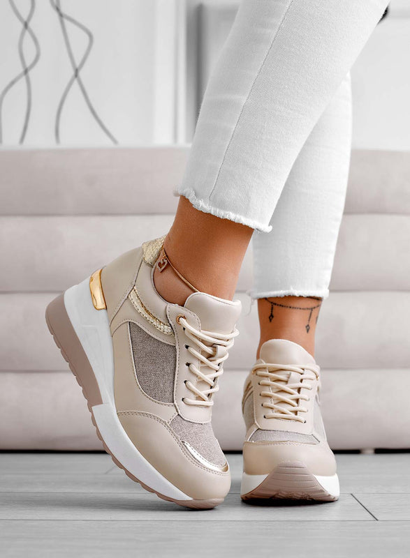 Sneakers beige con inserti in tessuto glitter oro