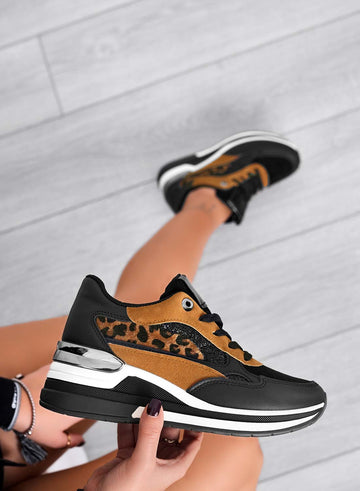 Baskets noires avec empiècements pailletés et imprimé léopard