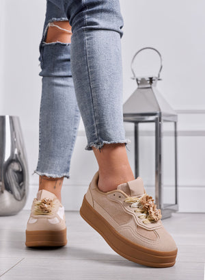 CLOE - Sneakers Donna beige con Fiori e Suola Platform