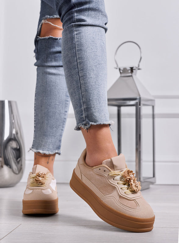 CLOE - Sneakers Donna beige con Fiori e Suola Platform