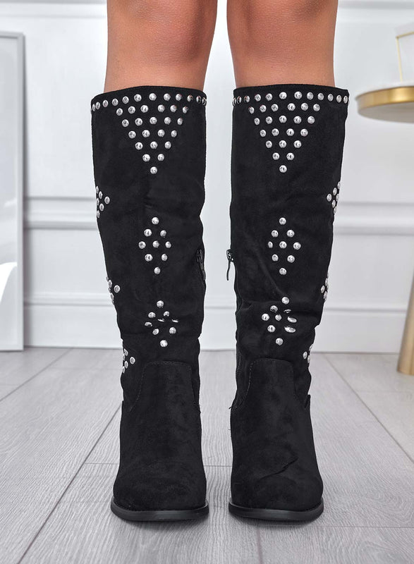 DIAMANTE - Bottes cloutées en daim noir