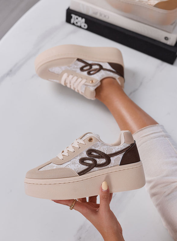 SHARON - Sneakers Donna Beige con Pizzo e Suola Platform