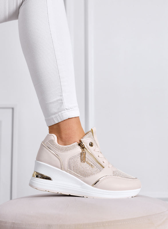 GEMMA - Beige Sneakers with Side Zip and Mesh Inserts