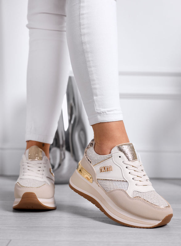 GIADA - Beige Sneakers with Mesh Inserts and Gold Details