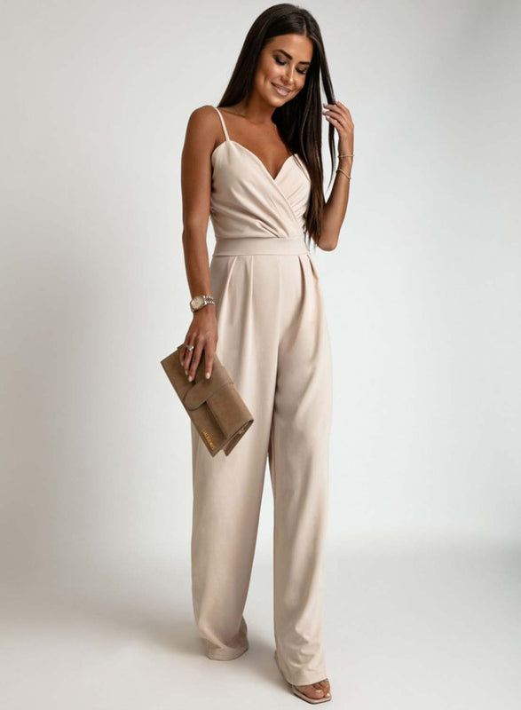 Beige long jumpsuit with suspenders