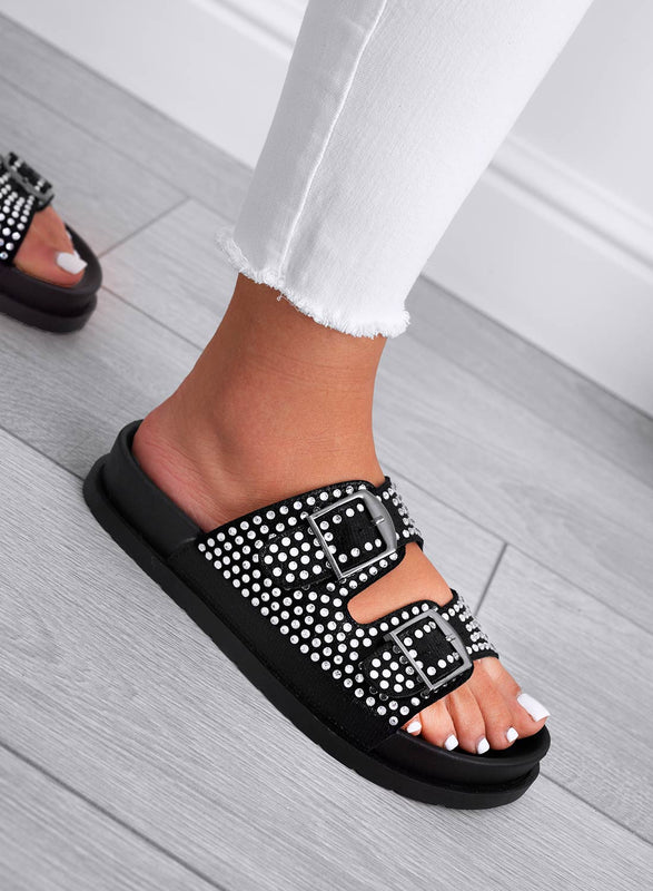 GASPER - Sandales chaussons noires à boucles et strass