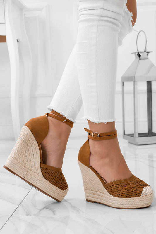 RORY - Espadrilles camel avec talon en corde et broderie