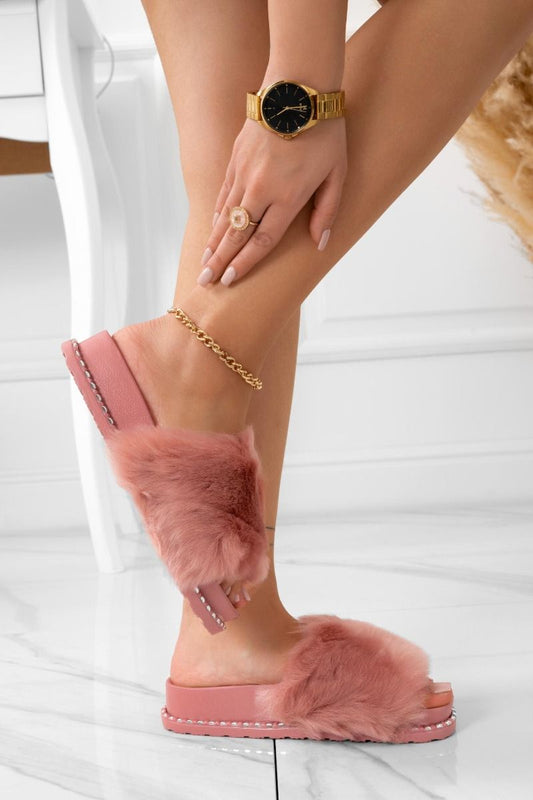 BAMBI - Chaussons sandales roses avec fausse fourrure