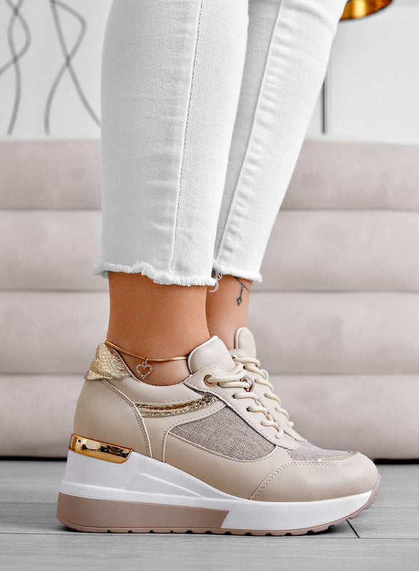 Sneakers beige con inserti in tessuto glitter oro