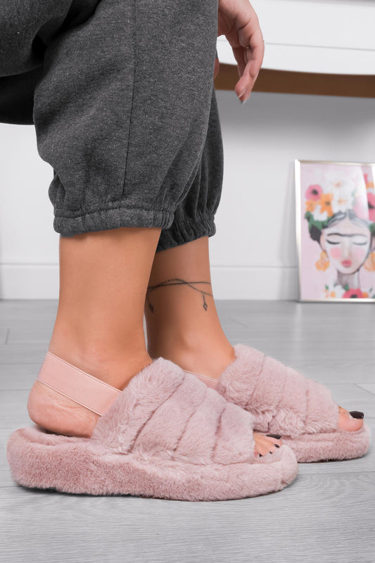 KEIRA - Chaussons roses en fausse fourrure avec élastique