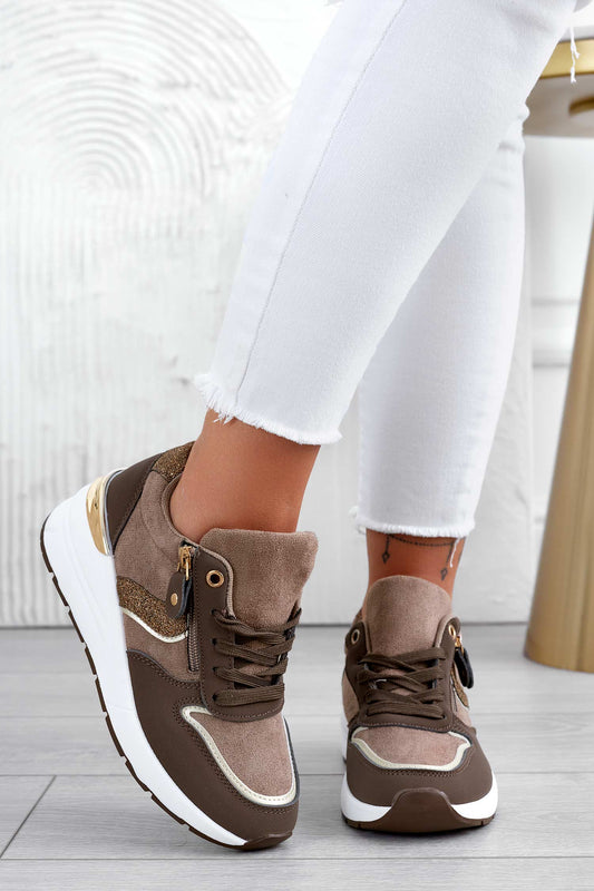 Brown sneakers with glitter inserts