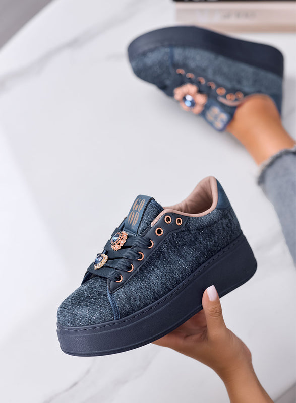 NINFA - Sneakers blu platform in tessuto laminato e applicazione gioiello