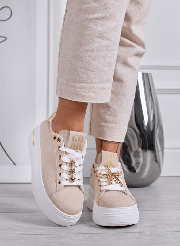 PAMELA - Sneakers beige Platform con Dettagli Gioiello stelle